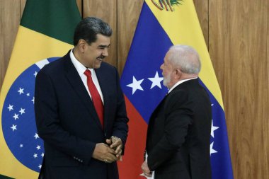 Venezuela Başkanı Maduro ile basın toplantısı. 29 Mayıs 2023, Brasilia, Federal Bölge, Brezilya: Brezilya Cumhurbaşkanı Luiz Inacio Lula da Silva ile birlikte düzenlediği basın toplantısında Venezuela Başkanı Nicolas Maduro