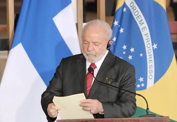 Presskonferens Med Lula Och Sauli Niinist Juni 2023 Brasilia Brasiliens — Stockfoto