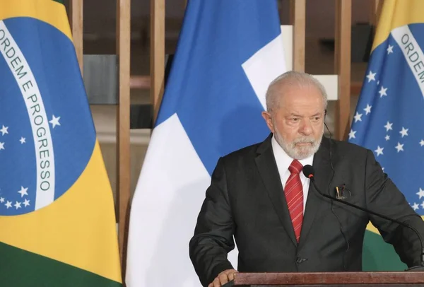 Lula Sauli Niinist Ile Basın Toplantısı Haziran 2023 Brasilia Federal — Stok fotoğraf