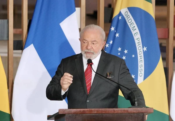 Lula Sauli Niinist Ile Basın Toplantısı Haziran 2023 Brasilia Federal — Stok fotoğraf