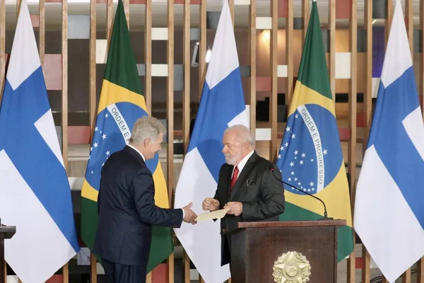 사리니 대화를 보도해 2023 브라질리아 브라질 Press Conference Presidents Brazil — 스톡 사진
