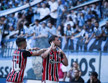 Brezilya Futbol Şampiyonası: Gremio, Sao Paulo 'ya karşı. 4 Haziran 2023, Porto Alegre, Rio Grande do Sul, Brezilya: Gremio ve Sao Paulo arasındaki futbol maçı, Gremio 'da düzenlenen dokuzuncu tur Brezilya Futbol Şampiyonası için geçerli.