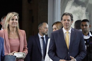 Hollanda Kraliçesi Maxima, Brasilia 'daki Maliye Bakanlığı' nı ziyaret etti. 6 Haziran 2023. Brasilia, Federal Bölge, Brezilya: Hollanda Kraliçesi Maxima ve Brezilya Maliye Bakanı Fernando Haddad ziyaretten sonra basın mensuplarına konuştu 