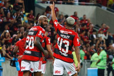 Rio de Janeiro (RJ), 06 / 08 / 2023 - LIBERTADORES / FLAMENGO / RACING / RJ - Wesley do Flamengo gol atıyor ve grup safhaları için geçerli olan Racing maçında golünü kutluyor. A grubu, Libertadores da America 2023 'ün 5. raundu.