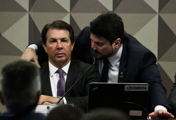 巴西利亚 联邦众议员兼Cpmi Arthur Oliveira Maia Uniao 和共和国参议员Marcos Val Podemos 在议会联合调查委员会中的主席 — 图库照片