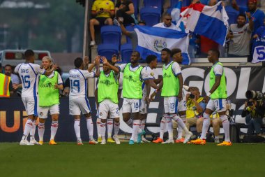 (Concacaf Gold Cup: Martinique ve Panama arasında futbol maçı. 30 Haziran 2023, Harison, New Jersey, ABD: Michael Murillo, Panama 'nın Martinique' e karşı oynadığı ikinci golü Concacaf Gold Cup 'ın ikinci turunda kutladı.