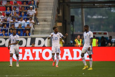 (Concacaf Gold Cup: Martinique ve Panama arasında futbol maçı. 30 Haziran 2023, Harison, New Jersey, ABD: Michael Murillo, Panama 'nın Martinique' e karşı oynadığı ikinci golü Concacaf Gold Cup 'ın ikinci turunda kutladı.