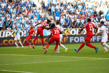 (Concacaf Gold Cup: Guadalupe ve Guatemala arasındaki futbol maçı. 4 Temmuz 2023, Harison, New Jersey, ABD: Guadalupe ve Guatmala arasındaki futbol maçı, Concacaf Gold Cup 'ın 3. turu için Harrison' daki Red Bull Arena 'da geçerli.