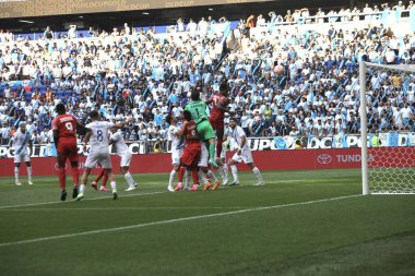 (Concacaf Gold Cup: Guadalupe, Guatemala 'ya karşı. 4 Temmuz 2023, Harrison, New Jersey: Gravillon, Guadalupe 'nin Red Bull Arena' da Guatemala 'ya karşı oynadığı futbol maçında ilk golünü attı.