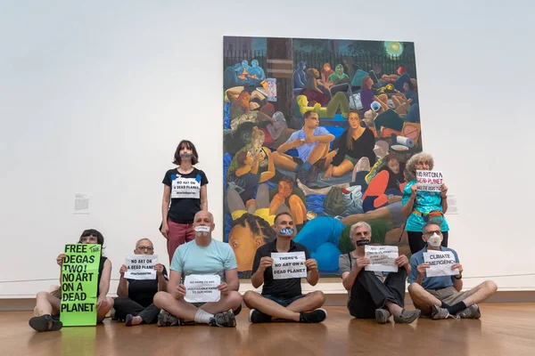 New 気候活動家は ニューヨークで抗議を開催 Sメトロポリタン美術館 2023年7月8日 米国ニューヨーク州 絶滅の危機に瀕したニューヨークとライズのメンバーと口の上にテープのストリップで抵抗 — ストック写真