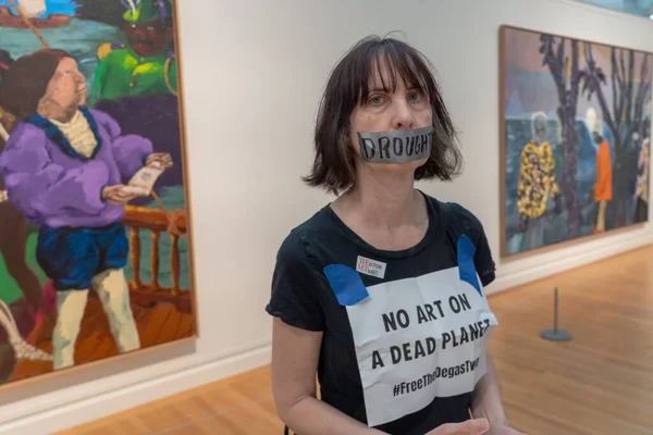 New 気候活動家は ニューヨークで抗議を開催 Sメトロポリタン美術館 2023年7月8日 米国ニューヨーク州 絶滅の危機に瀕したニューヨークとライズのメンバーと口の上にテープのストリップで抵抗 — ストック写真
