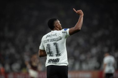 Sao Paulo, Brezilya - 07 / 11 / 2023 - SULAMERICANA / CORINTHIANS X UNIVERSITARIO - Felipe Augusto, Corinthians ve Universitario (PER) arasında oynanan ve 2023 Copa Sudamericana playoff 'larının ikinci ayağı için geçerli olan maçtaki golünü kutluyor