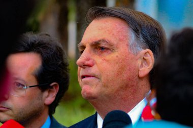 Brasilia (DF), Brezilya - 07 / 12 / 2023 - POLITICS / PF / BOLSONARO - Federatif Brezilya Cumhuriyeti eski Başkanı Jair Messias Bolsonaro, 12 Temmuz 2023 Çarşamba günü PF 'ye ifade verdikten sonra basına konuştu