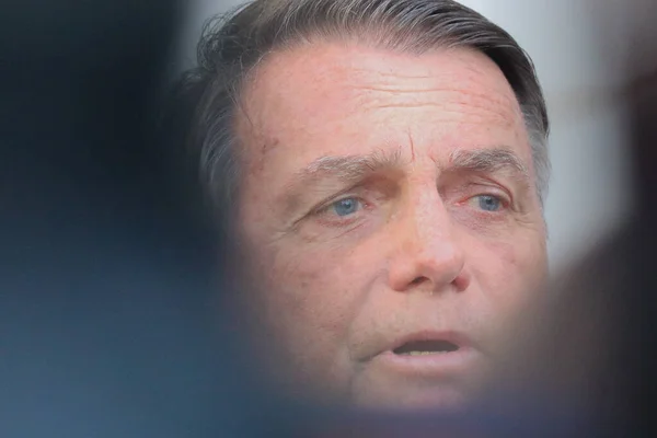 stock image Brasilia (DF), Brazil - 07/12/2023 - POLITICS/PF/BOLSONARO - Former President of the Federative Republic of Brazil Jair Messias Bolsonaro speaks to the press on his way out after giving testimony to the PF this Wednesday, July 12, 2023