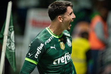 Sao Paulo, Brezilya - 07 / 13 / 2023 - COPA DO BRASIL / PALMEIRAS X SAO PAULO - Joaquin Piquerez, Palmeiras ve Sao Paulo arasında oynanan ve Copa do Brasil çeyrek finalinin ikinci ayağı için geçerli olan maçta golünü kutluyor