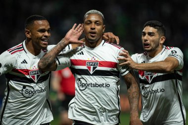 Sao Paulo, Brezilya - 07 / 13 / 2023 - COPA DO BRASIL / PALMEIRAS X SAO PAULO - Sao Paulo 'dan David, Copa do Brasil' de düzenlenen Copa do Brasil çeyrek finalinin ikinci ayağı için geçerli olan Palmeiras ve Sao Paulo arasındaki maçtaki golünü kutluyor.