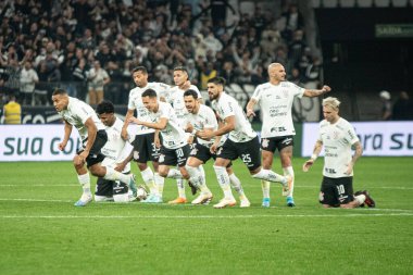 Sao Paulo (SP), Brezilya 07 / 15 / 2023 - Corinthians oyuncuları Corinthians ve America-MG arasında oynanan ve Copa do Brasil 2023 çeyrek finalinin ikinci ayağı için geçerli olan karşılaşmayı Neo Quimica Arena 'da kutladı