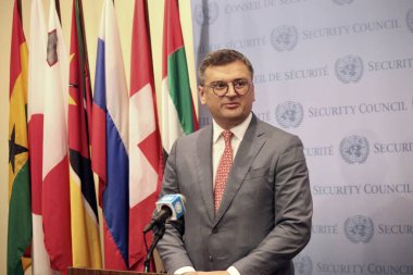 Ukrayna Dışişleri Bakanı Bay Dmytro Kuleba ile basın toplantısı. 17 Temmuz 2023, New York, ABD: Birleşmiş Milletler Dışişleri Bakanı Bay Dmytro Kuleba ile basın toplantısı 