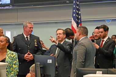 President of Israel, Isaac Herzog and Eric Adams visit NYPD's Joint Operations Center ((JOC) in New York. July 20, 2023, New York, USA : The President of Israel, Isaac 