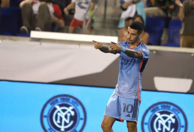 Lig Kupası: New York City FC Toronto 'ya karşı. 26 Temmuz 2023. Harrison, New Jersey, ABD: New York City 'den S.Rodriguez 26 Çarşamba günü Harrisonn' daki Red Bull Arena 'da oynanan Lig Kupası maçında Toronto karşısında gol atıyor ve golünü kutluyor.).