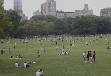 New Yorklular Central Park Büyük Çim. 05 Ağustos 2023, New York, ABD: Central Park Great Lawn güneşli bir Cumartesi günü New Yorklular ve diğerleriyle doluyken büyük havanın keyfini çıkarırken, piknik yaparken, spor yaparken görülüyor