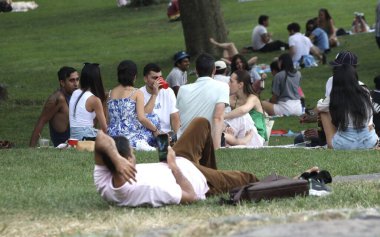 New Yorklular Central Park Büyük Çim. 05 Ağustos 2023, New York, ABD: Central Park Great Lawn güneşli bir Cumartesi günü New Yorklular ve diğerleriyle doluyken büyük havanın keyfini çıkarırken, piknik yaparken, spor yaparken görülüyor