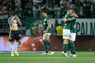 Sao Paulo (SP), Brezilya 08 / 09 / 2023 - Palmeiras oyuncuları, Copa Conmebol Libertadores 2023 'ün ikinci ayağı için geçerli olan Palmeiras ve Atletico-MG arasındaki maçta sıralamayı kutladılar