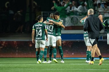 Sao Paulo (SP), Brezilya 08 / 09 / 2023 - Palmeiras oyuncuları, Copa Conmebol Libertadores 2023 'ün ikinci ayağı için geçerli olan Palmeiras ve Atletico-MG arasındaki maçta sıralamayı kutladılar