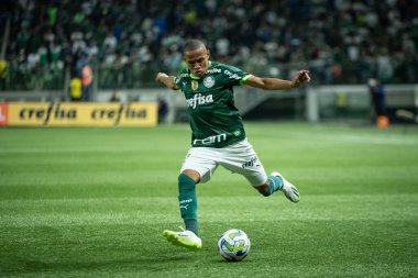 Sao Paulo (SP), Brezilya 08 / 14 / 2023 - Player Jhon Jhon Palmeiras ile Cruzeiro arasında oynanan ve 2023 Brezilya Futbol Şampiyonası 'nın 19. turu için geçerli olan maçta Sao Paulo' nun batı bölgesindeki Allianz Parque 'da düzenlendi.