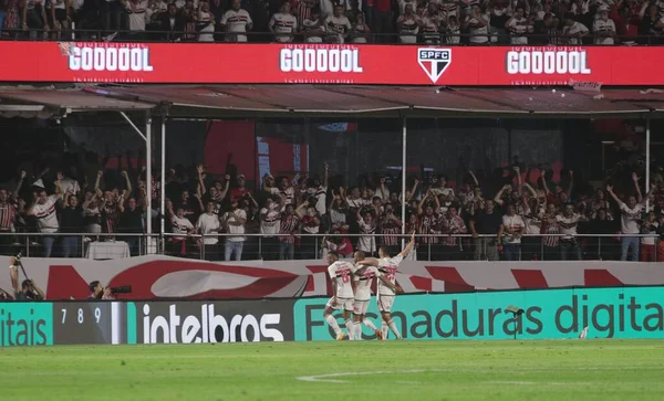 Sao Paulo Brazil 2023 Players Celebrate Lucas Goal Match Sao — Stock Photo, Image