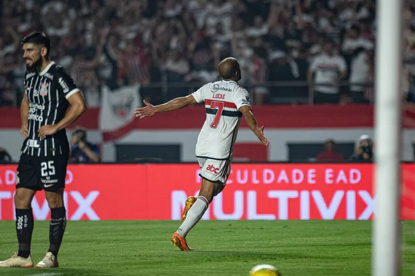 São Paulo Brasil 2023 Lucas Moura Comemora Seu Gol Uma — Fotografia de Stock