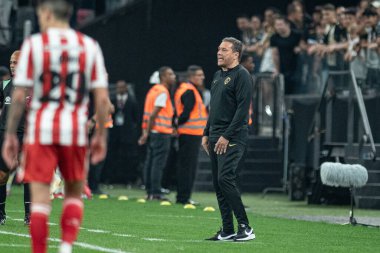 Brezilya, Sao Paulo - 22 Ağustos 2023: Neo Quimica Arena 'da düzenlenen Copa Conmebol Sudamericana 2023 çeyrek finalinin ilk ayağı için geçerli olan Corinthians ve Estudiantes arasında oynanan karşılaşmada koç Vanderlei Luxemburgo 