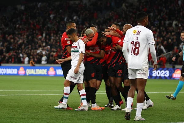 stock image CURITIBA (PR), Brazil - August 27, 2023: Caca (Athletico) scored and celebrates his goal during the match between Athletico Pr and Fluminense valid for the 21st round of the 2023 Brazilian Championship, at Ligga Arena