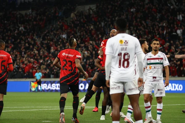 stock image CURITIBA (PR), Brazil - August 27, 2023: Caca (Athletico) scored and celebrates his goal during the match between Athletico Pr and Fluminense valid for the 21st round of the 2023 Brazilian Championship, at Ligga Arena