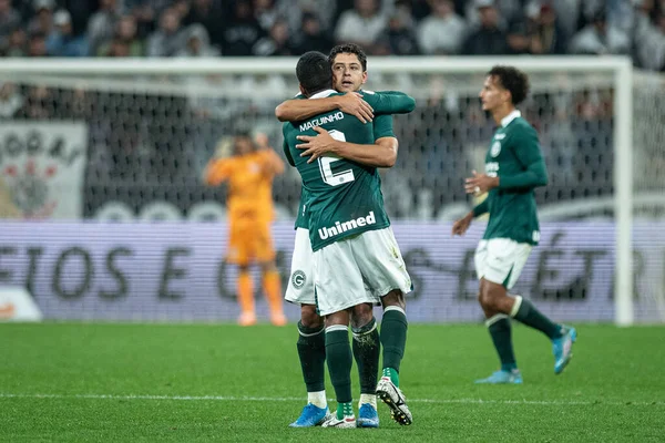 Sao Paulo (SP), Brezilya 08 / 26 / 2023 - Goias 'lı Guilherme, Corinthians ile Goias arasında oynanan ve Neo Quimica Arena' da düzenlenen 2023 Brezilya Futbol Şampiyonası 'nın 21. turu için geçerli olan maçta golünü kutluyor.