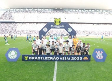 Sao Paulo (SP), Brezilya 09 / 03 / 2023 - Corinthians ve Palmeiras arasında oynanan maçtan önce Corinthians takımı, Neo Quimica Arena 'da düzenlenen 2023 Brezilya Futbol Şampiyonası' nın 22.