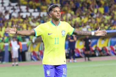 Brezilya takımından Belem (PA), 09 / 08 / 2023 Rodrygo 2026 Dünya Kupası elemelerinin ilk turunda Brezilya ile Bolivya arasında oynanan karşılaşmada ikinci golünü kutluyor.