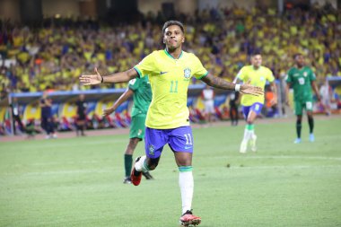 Brezilya takımından Belem (PA), 09 / 08 / 2023 Rodrygo 2026 Dünya Kupası elemelerinin ilk turunda Brezilya ile Bolivya arasında oynanan karşılaşmada ikinci golünü kutluyor.