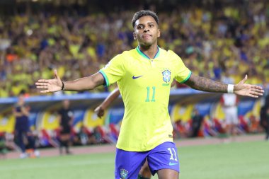 Brezilya takımından Belem (PA), 09 / 08 / 2023 Rodrygo 2026 Dünya Kupası elemelerinin ilk turunda Brezilya ile Bolivya arasında oynanan karşılaşmada ikinci golünü kutluyor.