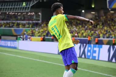 Brezilya takımından Belem (PA), 09 / 08 / 2023 Rodrygo 2026 Dünya Kupası elemelerinin ilk turunda Brezilya ile Bolivya arasında oynanan karşılaşmada ikinci golünü kutluyor.