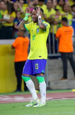 Brezilya takımından Belem (PA), 09 / 08 / 2023 Neymar Jr., 2026 Dünya Kupası elemelerinin birinci turunda Brezilya ile Bolivya arasında oynanan karşılaşmada ikinci golünü kutluyor.