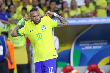 Brezilya takımından Belem (PA), 09 / 08 / 2023 Neymar Jr., 2026 Dünya Kupası elemelerinin birinci turunda Brezilya ile Bolivya arasında oynanan karşılaşmada ikinci golünü kutluyor.