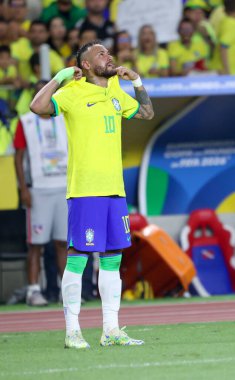 Brezilya takımından Belem (PA), 09 / 08 / 2023 Neymar Jr., 2026 Dünya Kupası elemelerinin birinci turunda Brezilya ile Bolivya arasında oynanan karşılaşmada ikinci golünü kutluyor.