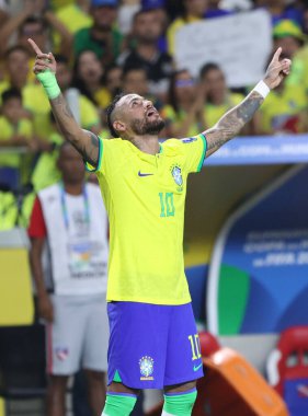 Brezilya takımından Belem (PA), 09 / 08 / 2023 Neymar Jr., 2026 Dünya Kupası elemelerinin birinci turunda Brezilya ile Bolivya arasında oynanan karşılaşmada ikinci golünü kutluyor.