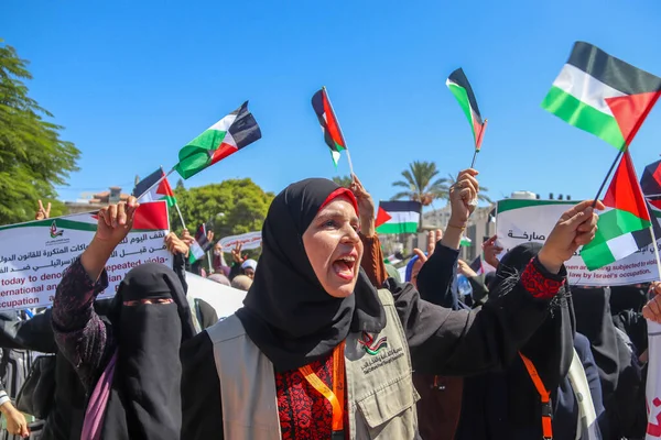 Donne Palestinesi Protestano Contro Violazioni Israeliane Contro Donne Hebron Fronte — Foto Stock