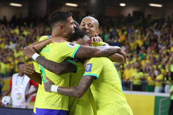 ベレム 2023 ブラジルのチームのロドリゴは 2026ワールドカップ予選の最初のラウンドで ブラジルとボリビアの間の試合で彼の2番目のゴールを祝います — ストック写真