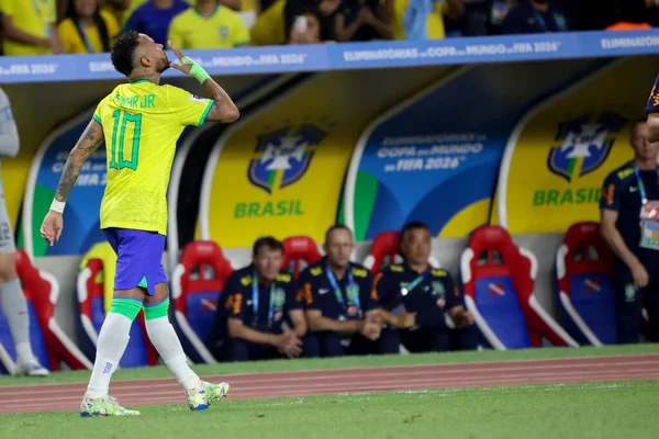 ベレム 2023 ブラジルのナショナルチームのネイマールJrは 2026ワールドカップ予選の最初のラウンドで ブラジルとボリビアの間の試合で彼の目標を祝います — ストック写真