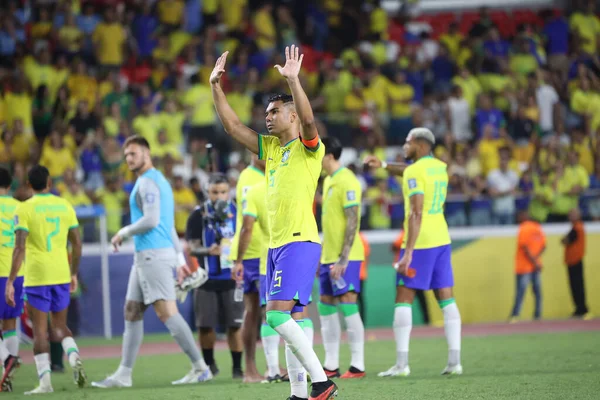 在2026年世界杯资格赛的第一轮比赛中 巴西队以5比1的比分在巴西和玻利维亚的比赛中获胜 — 图库照片