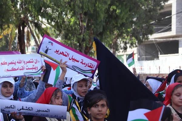 Crianças Palestinas Participam Uma Marcha Reconhecimento Que Marca Aniversário Desengajamento — Fotografia de Stock