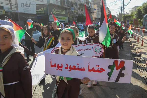 Palesztin Gyerekek Részt Vesznek Egy Cserkészfelvonuláson Amely Gázából Való Izraeli — Stock Fotó